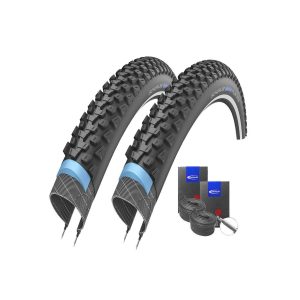 Schwalbe Marathon Plus MTB Reflex Puncture Protection Tyres 26 x 2.25 + Schwalbe Tubes Road Bike Valve Set of 2