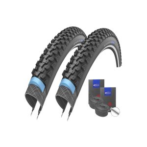 Set: 2 x Schwalbe Marathon Plus MTB Reflex Puncture Protection Tyres 27.5 x 2.25 + Schwalbe Inner Tubes Car Valve